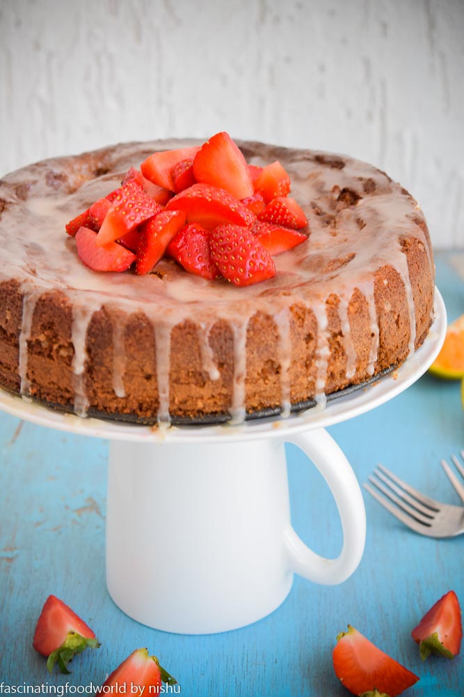 Eggless Strawberry and almond meal cake with orange glaze and more