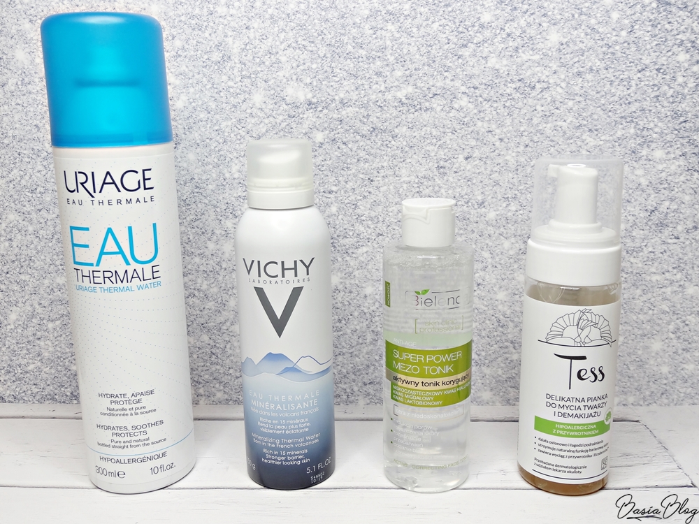 Pielęgnacja twarzy - woda termalna Uriage, woda termalna Vichy, Bielenda Super Power Mezo Tonik korygujący, Tess pianka do mycia twarzy i demakijażu Idea25