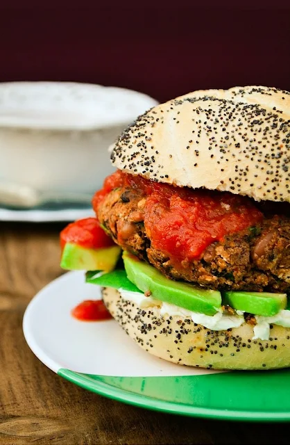 10 Minute Bean Burger on a burger roll with cream cheese, avocado and salsa
