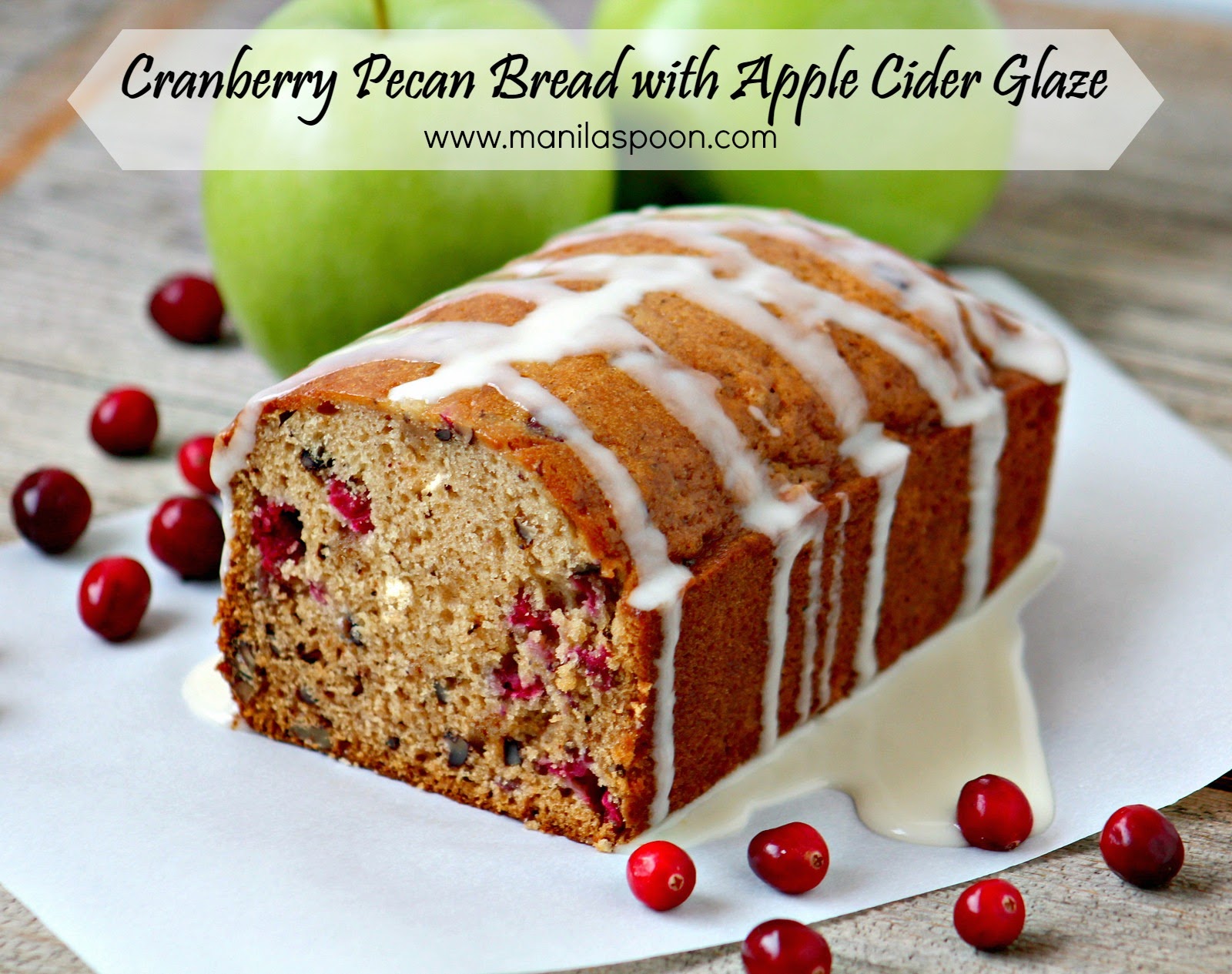 Flavored with Apple Cider, this moist and delicious nutty and sweet-tangy bread is the perfect snack for the family. Perfect for Thanksgiving, Christmas or any holiday dessert table. -CRANBERRY PECAN BREAD WITH APPLE CIDER GLAZE 