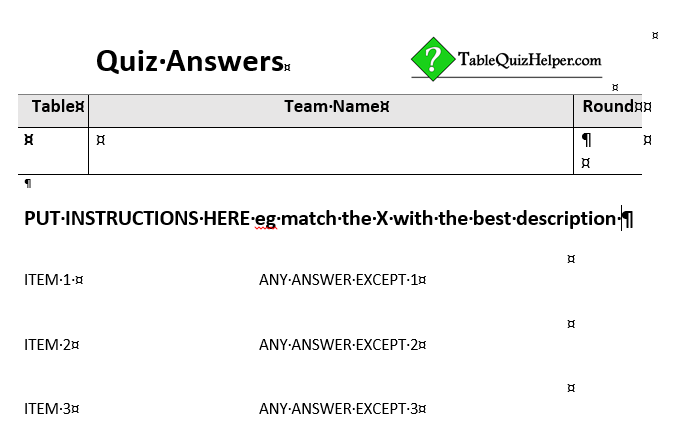 Table Quiz Helper: Blank table-quiz answer sheets - for match-the-pairs