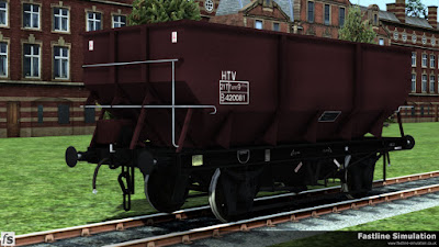 Fastline Simulation: An example of a rebodied dia. 1/146 hopper painted in maroon livery with black under frame and running gear.