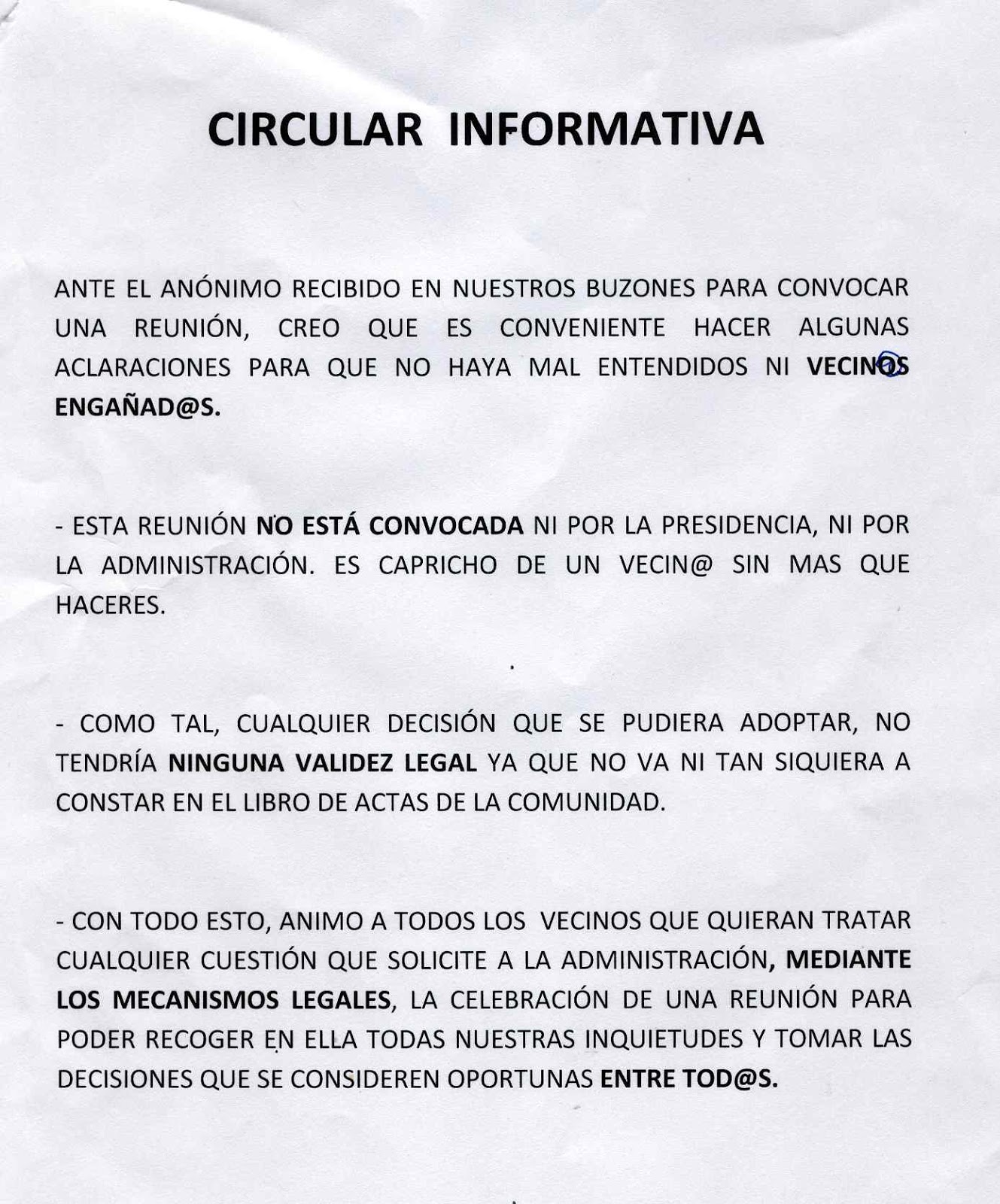 ACACIAS IV COMUNIDAD DE VECINOS “CIRCULAR INFORMATIVA” COMO