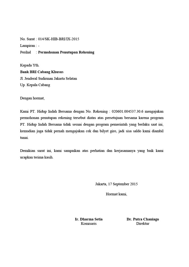 Surat Permohonan Penutupan Rekening Bank BRI  Audyfa Printing