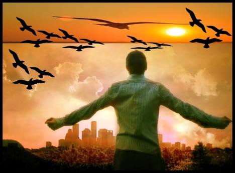 Paisagem do entardecer com homem de braços abertos observando o revoar dos pássaros. No alto o sol empalidecendo. Se você conhece o autor desta imagem, por favor nos informe para que possamos atribuir-lhe os devidos créditos. Obrigado. Paisagem do entardecer com homem de braços abertos observando o revoar dos pássaros. No alto o sol empalidecendo.