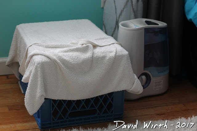 dry air furnace, blowing, vent, wet towel, bedroom, humidifier