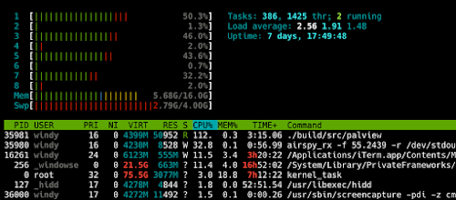 [Image: htop screenshot show palview and airspy_rx on top, followed by some system processes.]