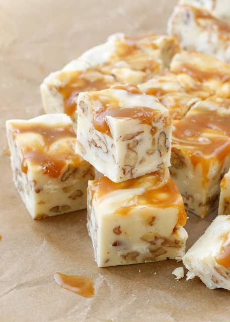 White Chocolate Caramel Fudge is a quick and easy 5 Minute Fudge Recipe that is perfect for any occasion. Creamy white chocolate fudge filled with pecans and swirled with caramel might be the ultimate treat for a holiday tray.  