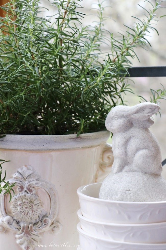 French Country Urn with Rosemary and White Ceramic Rabbit