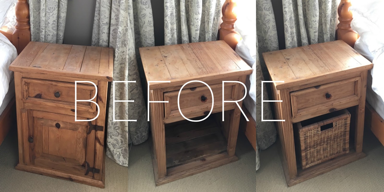 Before and After Bedside Tables Whitewashed with Chalk Paint