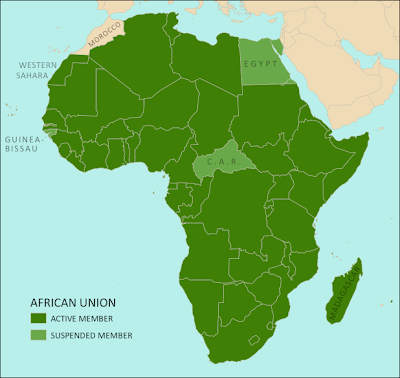 Map of Africa showing active and suspended members of the African Union (AU). Updated for the January 2014 reinstatement of suspended member Madagascar (colorblind accessible).