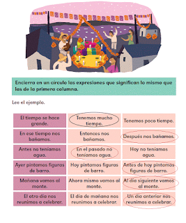 Respuestas Apoyo Primaria Español 2do grado Bloque 3 lección 16 Expresiones de tiempo, parecidas y contrarias 