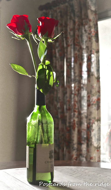 A wine bottle makes a simple, beautiful vase for roses. Postcards from the Ridge.