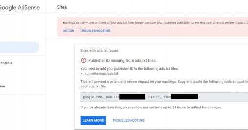 ads.txt files doesn't contain your adsense publisher id