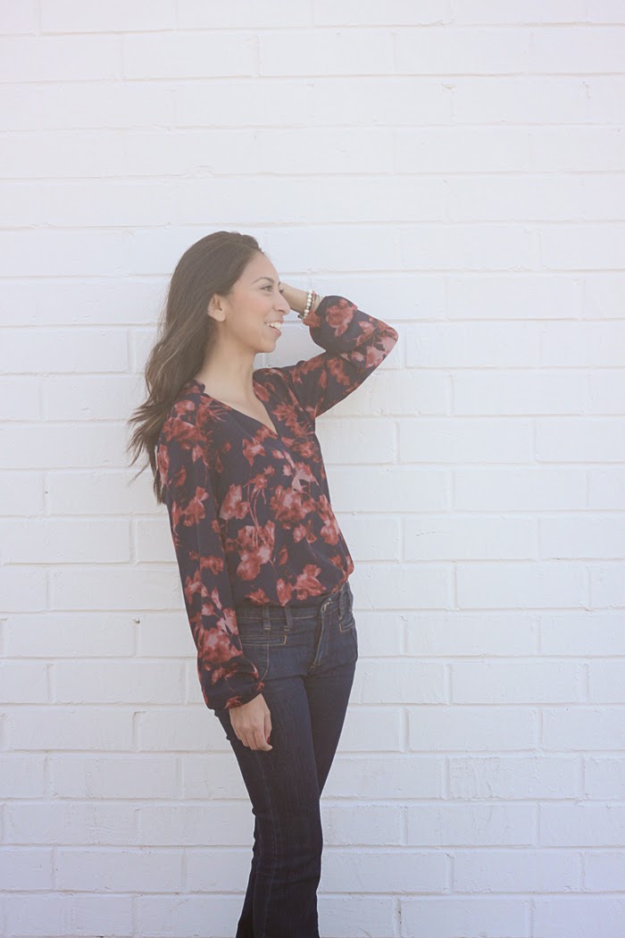 floral top, flare jeans