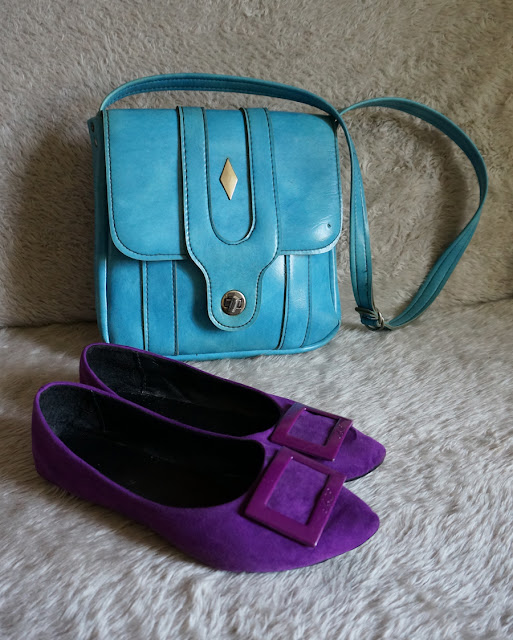 vintage psychedelic dress swirl purple green blue 1960 1970 60s 70s 1968 1969 suede buckle flat shoulder diamond bag