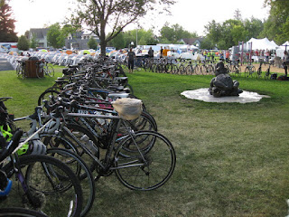 Camp established, corral packed with bicycles, Beall Park, Bozeman, Montana