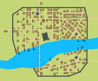 A map generated from the website. It shows various buildings, the city walls, and a river with a bridge and some piers.