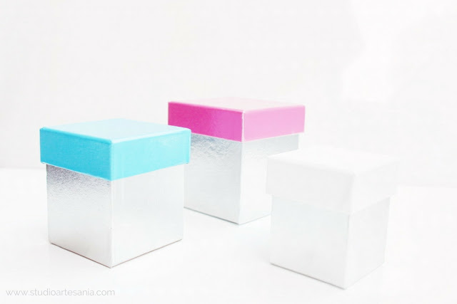 DIY Faux metallic storage boxes with colorful lids