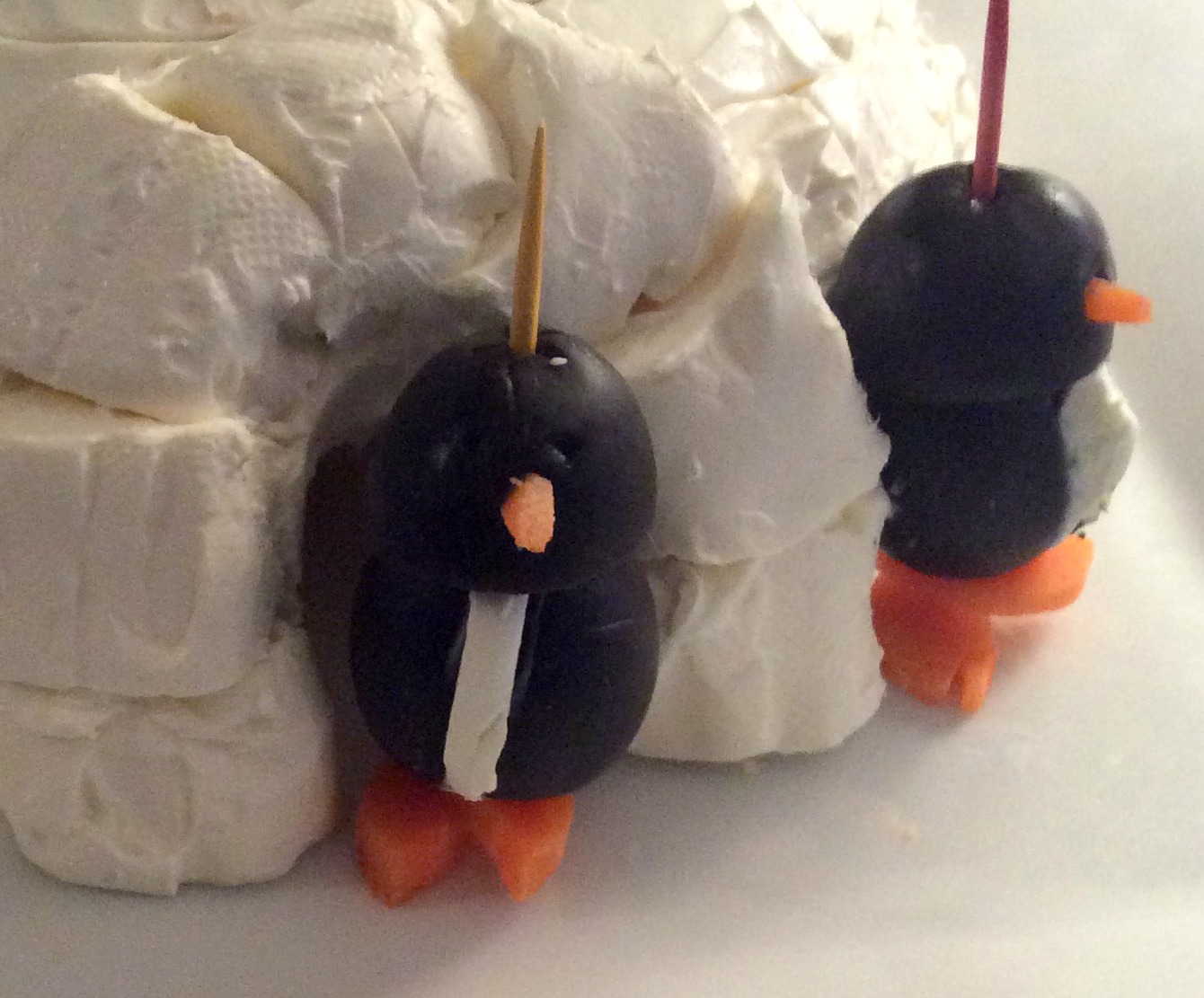 The Happy Little Hive Igloo Cheese Ball and Black Olive Penguins
