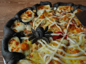 black dough spider on the Black Halloween Pizza at Pizza Hut in China