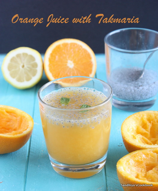 Sandhiya's Cookbook Orange Juice with sabja seeds Orange lemon juice