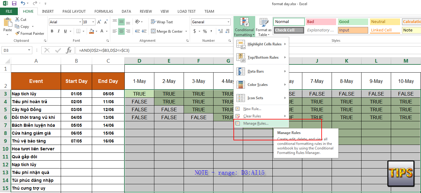 Hightlight cell between two days with Microsoft Excel