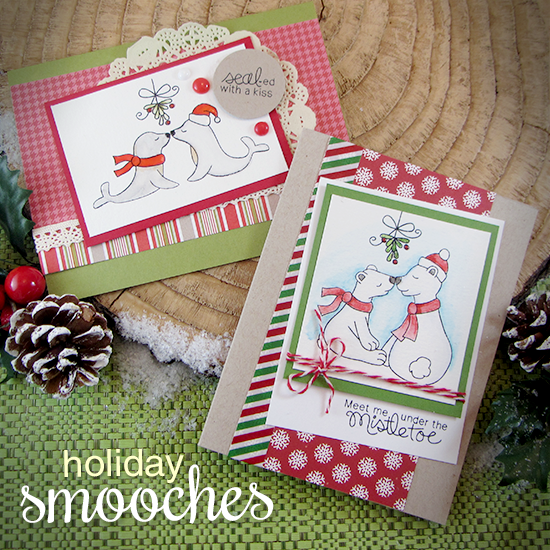 Mistletoe kissing Animal Christmas Cards by Jennifer Jackson | Holiday Smooches Stamp set by Newton's Nook Designs #newtonsnook