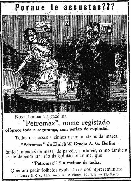 Propaganda das Lâmpadas que usavam gasolina como combustível: Petromax. Veiculada em 1928.
