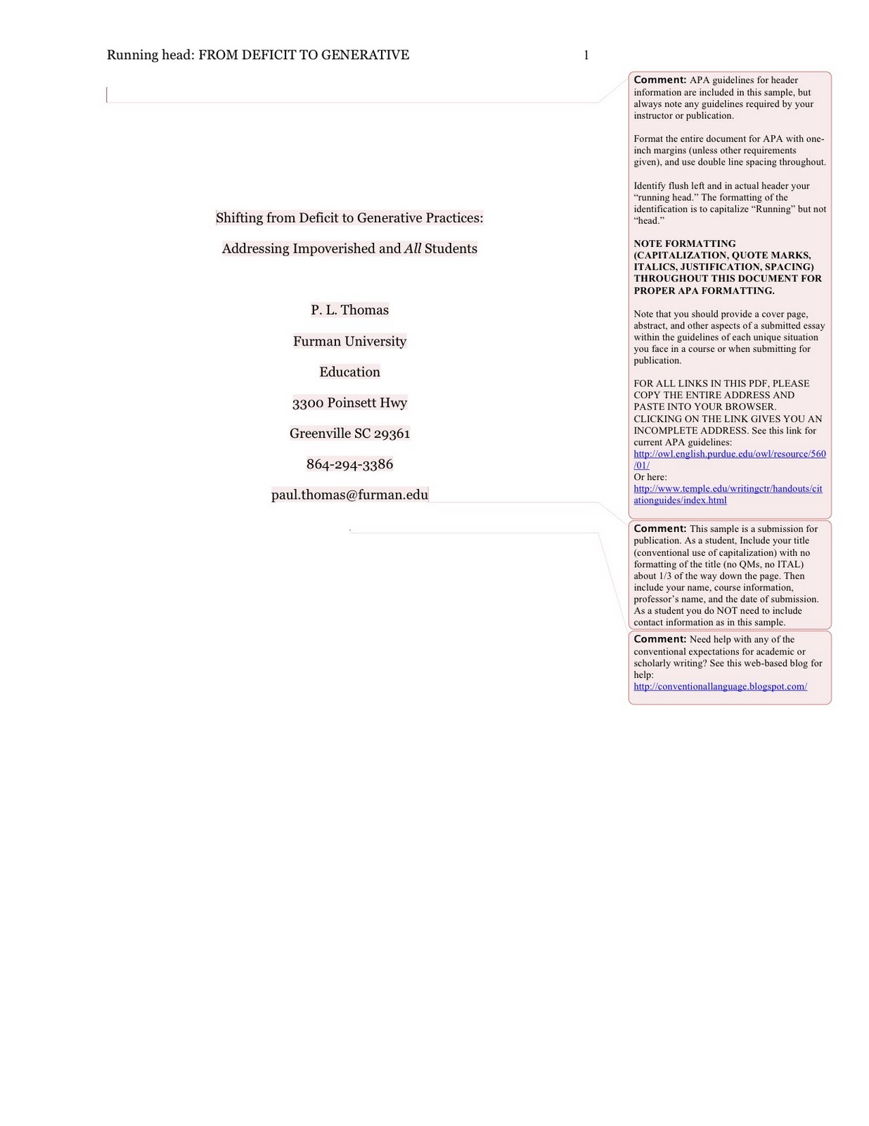 Conventional Language Sample APA Essay With Notes