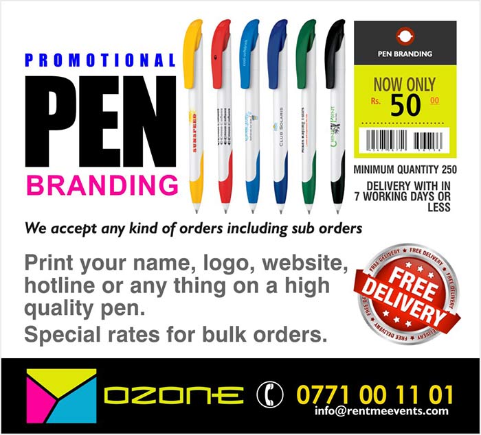 Print your name, logo, website, hot line or any thing on a high quality pen.  Price LKR 50/= Minimum order quantity - 250.  Special rates for bulk orders.  DELIVERY WITH IN 7 WORKING DAYS OR LESS.  Ozone Branding