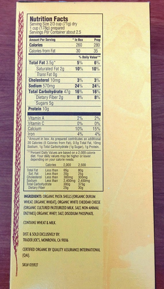Trader Joe's Nutrition Labels Trader Joe's Organic Shells and White