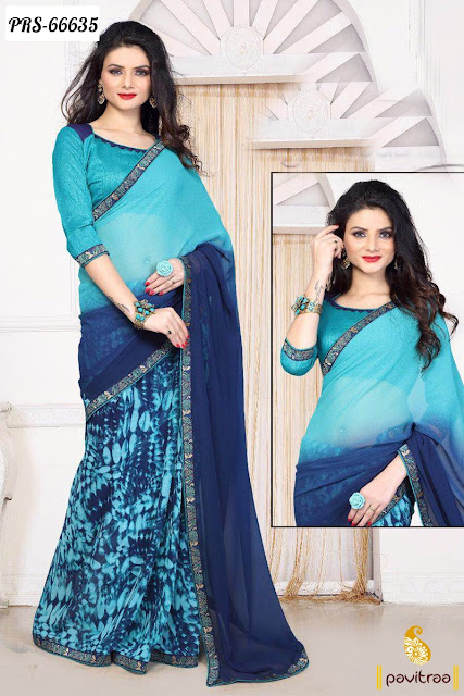 Shop Blue Color Pure Georgette Wholesale Casual Wear Sarees Online Shopping Collection with Discount Offer Price