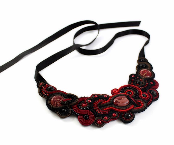 beautiful soutache necklace, claret, red and brown colours, jasper