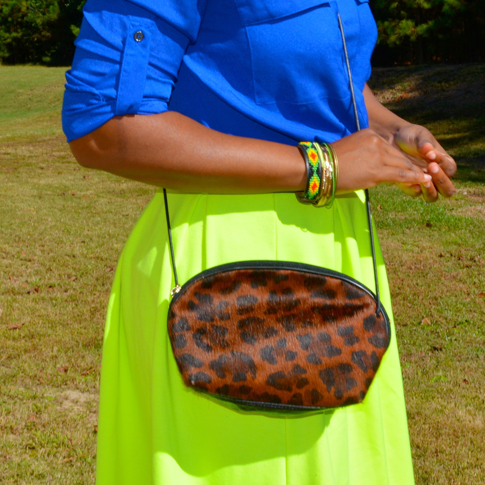 neon skirt and electric blue blouse