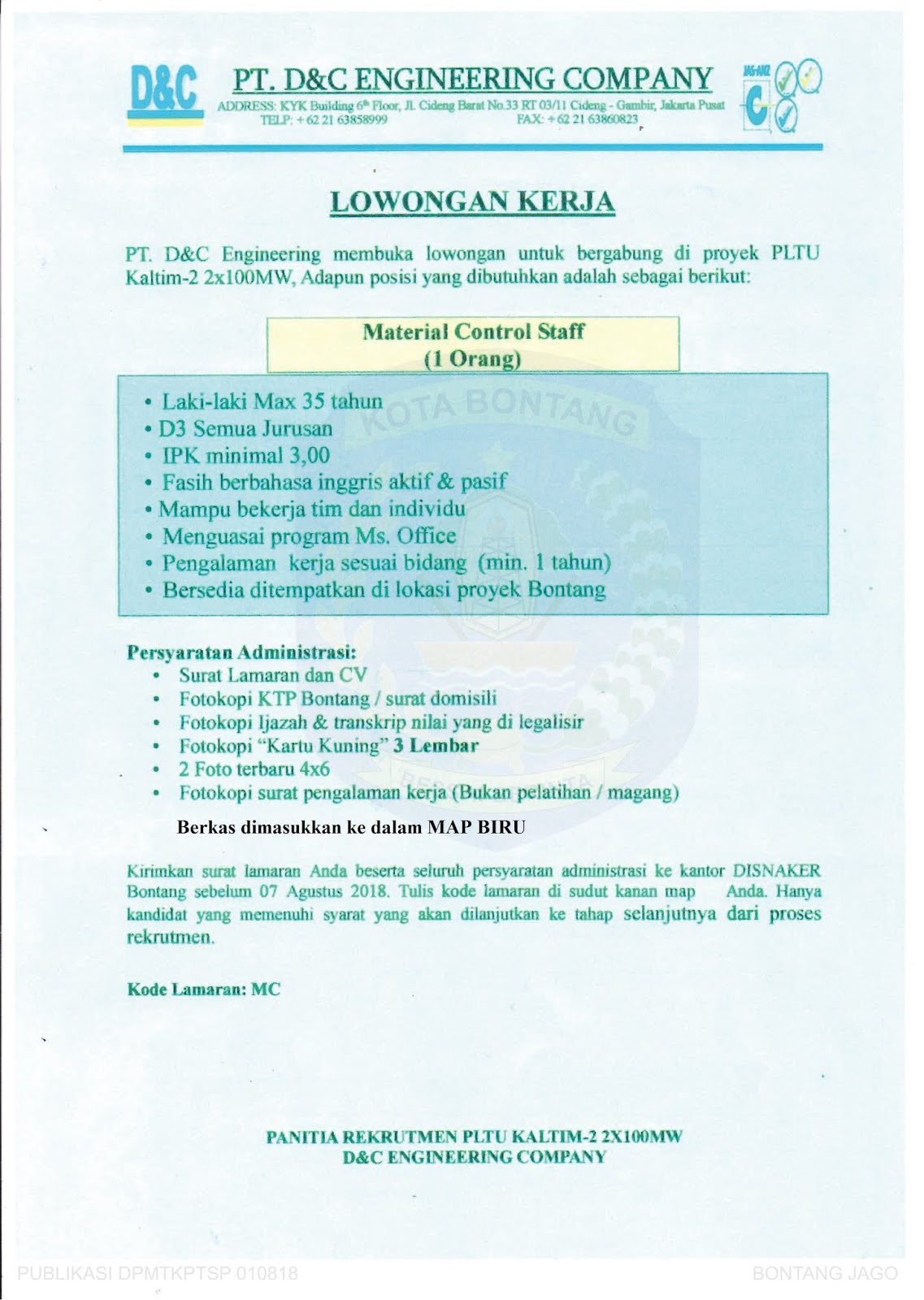 Lowongan Kerja Bontang Lowongan Pt D C Engineering Company