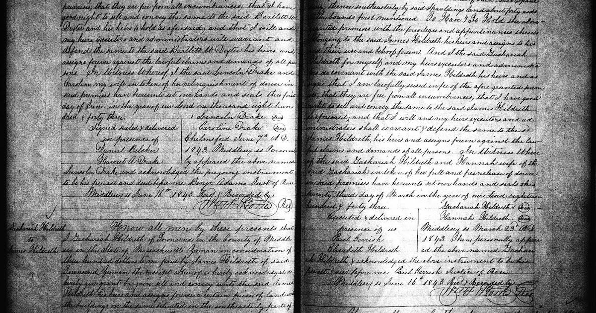 GeneaMusings Amanuensis Monday 1843 Deed of Zachariah Hildreth to James Hildreth in