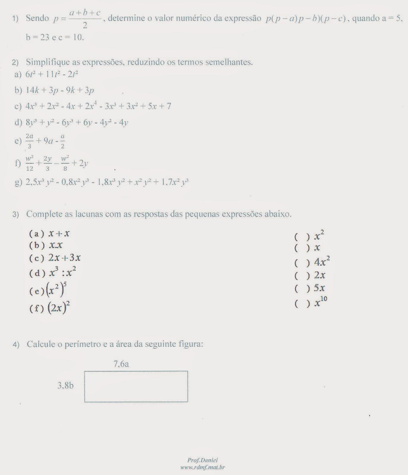 Monômios E Polinômios Exercícios 8o Ano - RETOEDU
