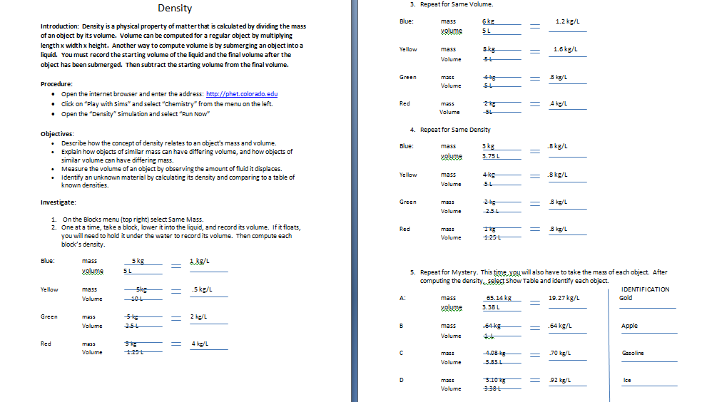 Visualizing Chemistry: Activity 5: Density