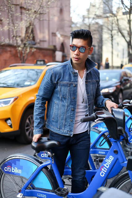 Leo Chan, Menswear Style wearing Hudson Jeans Denim Jacket and Jeans, A21 Necklace