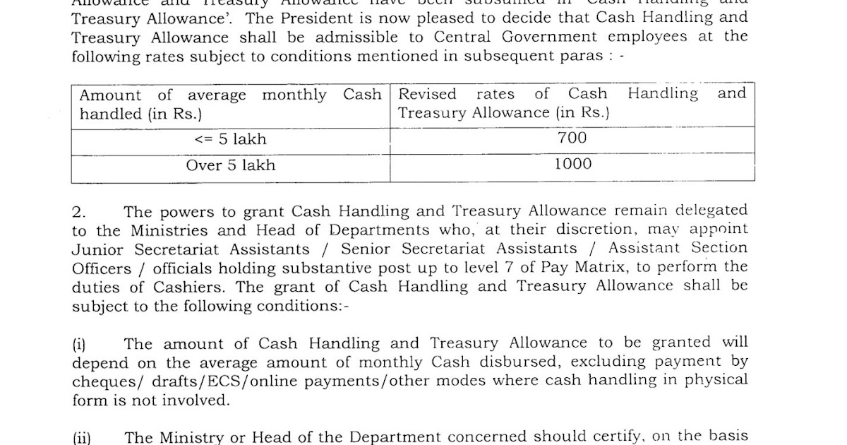 Implementation of the of 7th CPC Cash Handling and