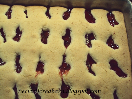 Eclectic Red Barn: Easy Cherry Squares batter and cherries baked