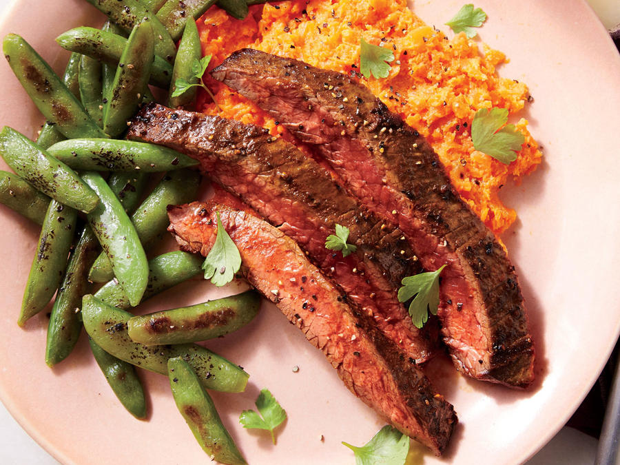 Spiced and Seared Flank Steak with Carrot Mash and Snap Peas
