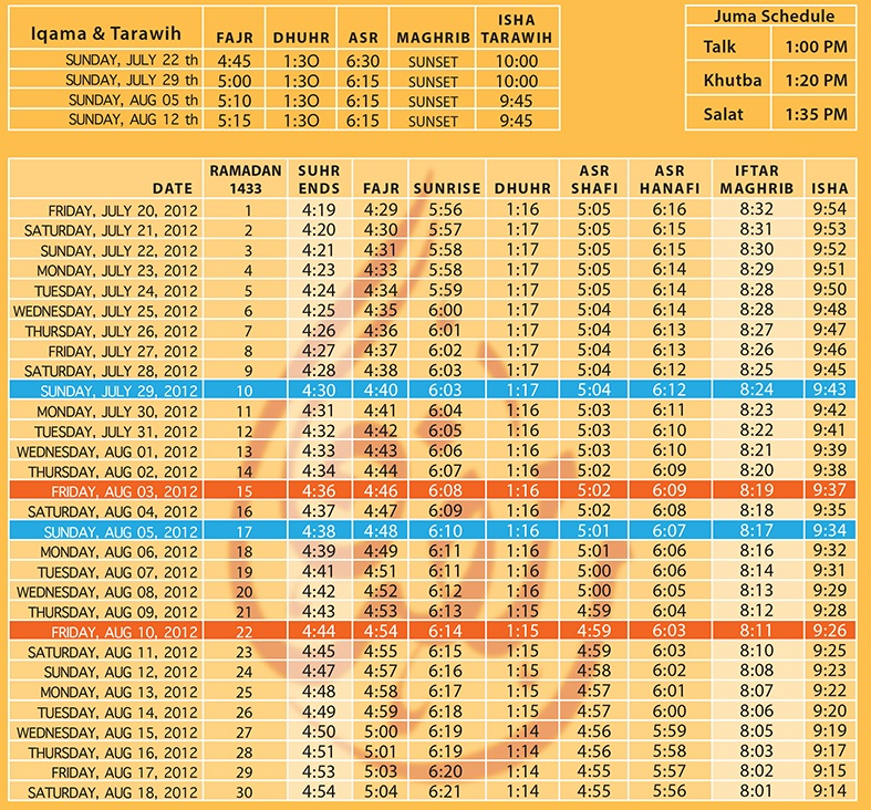 Ramadan 2012 Calendar and Timetable For Folsom USA 