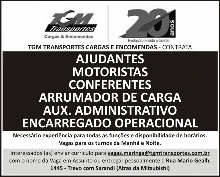 Vagas de Emprego TGM Transportes: Vagas em Maringá