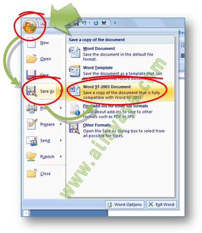 Gambar: Cara melakukan konversi / menyimpan file Microsoft Word 2007 ke format Microsoft Word 97-2003