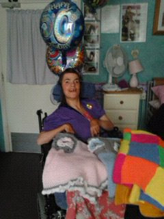 the lovely bernie on her 50th birthday , she loves her blankets ,(ashley house )
