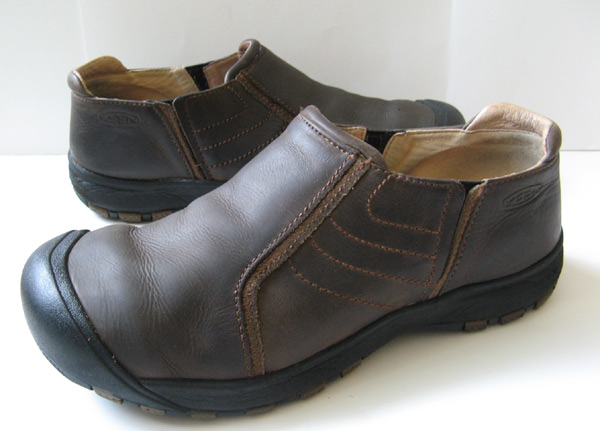 brown and white slippers