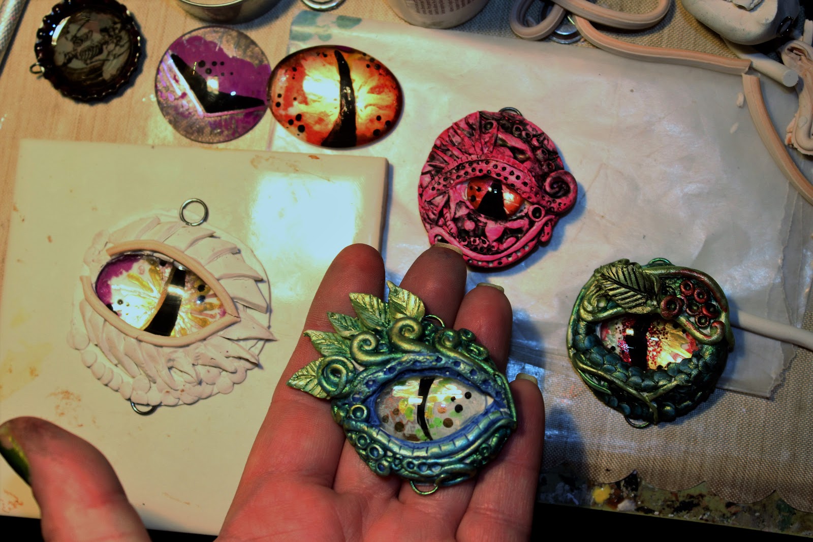 JuJu Crafts WIP Dragon Eye Pendant Charms from Polymer Clay & Glass