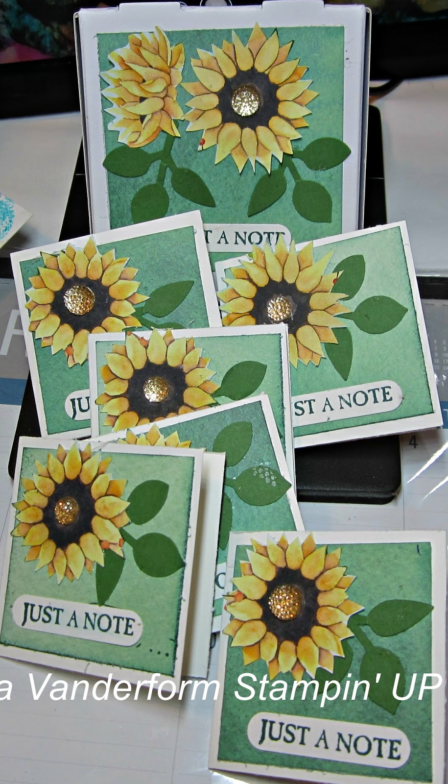 Crafty Maria's Stamping World Sunflower mint note cards in a Pizza Box